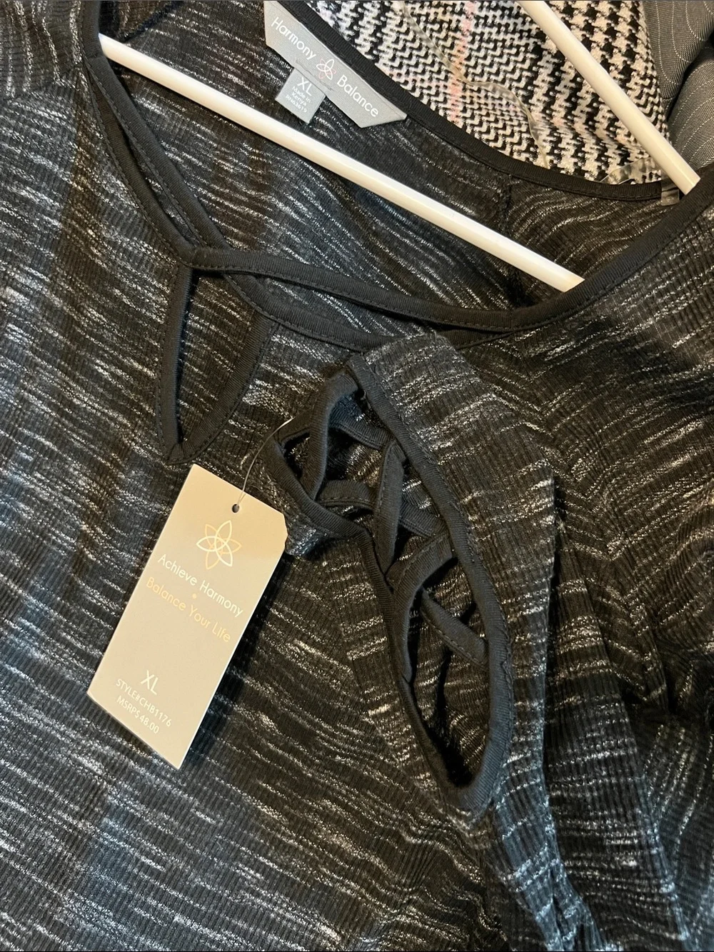 NWT Cozy Black Space-Dye Knit Top with Lattice Sleeve Detail